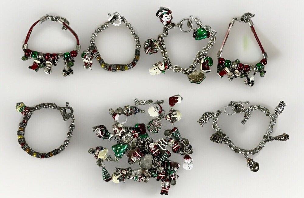 6 Assorted Christmas Charm Bracelets w/ Extra Charms - Silvertone w/ Green/ Red